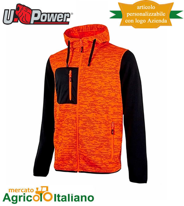 Felpa U-Power Mod. Raimbow colore orange fluo con cappuccio e zip lunga